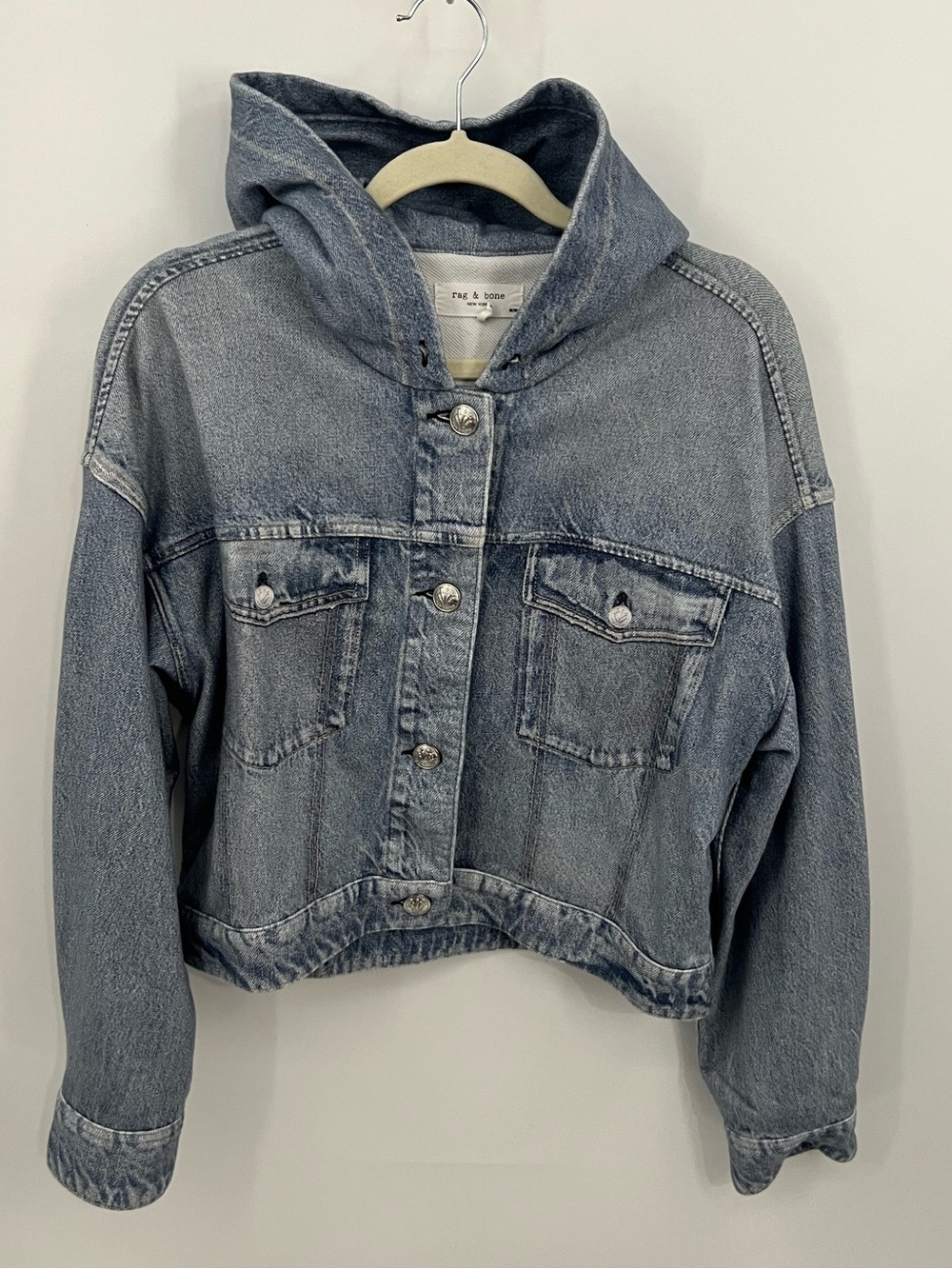 Rag & Bone Marimar Trucker Hooded Light Blue Washed Faux Denim Jacket